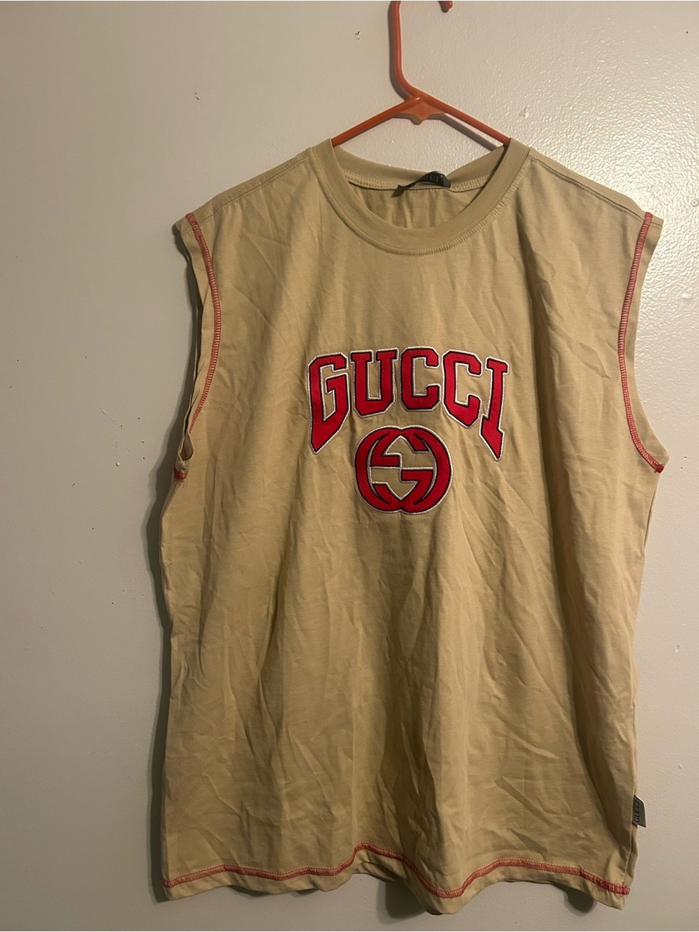 Gucci Beige Tank Top with Red Logo